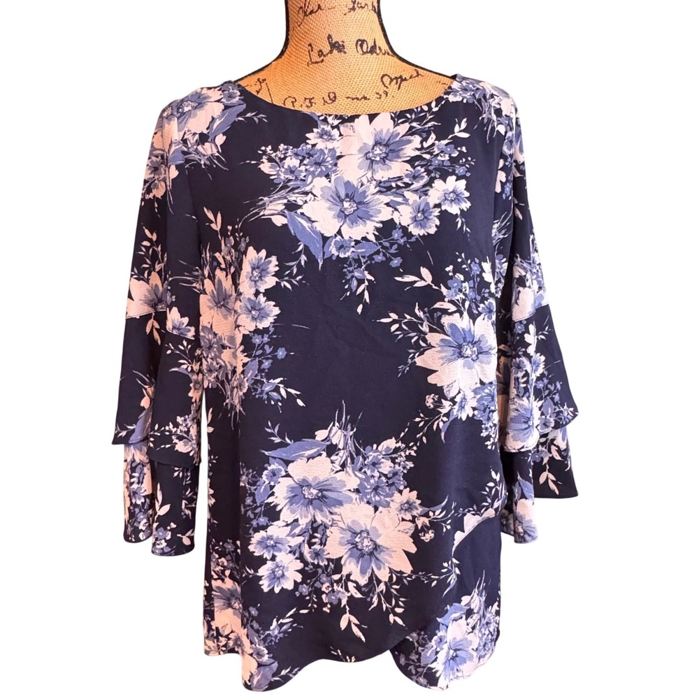 Apt 9 Womens Blue Floral Tiered Bell Sleeve Blouse Medium